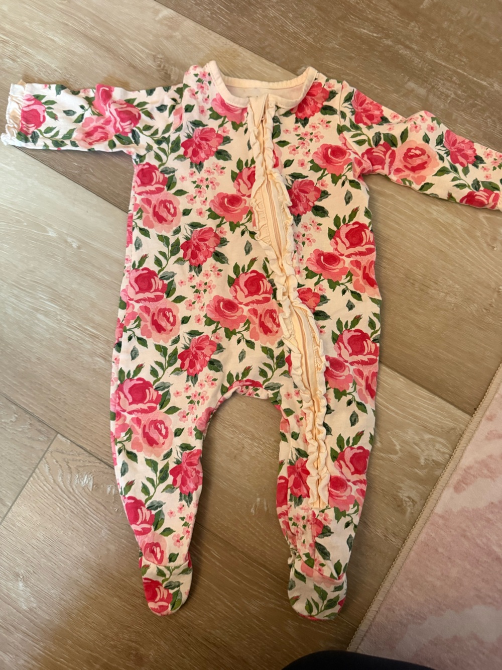 Mud Pie Pink Rose Ruffle-Front Footed One-Piece